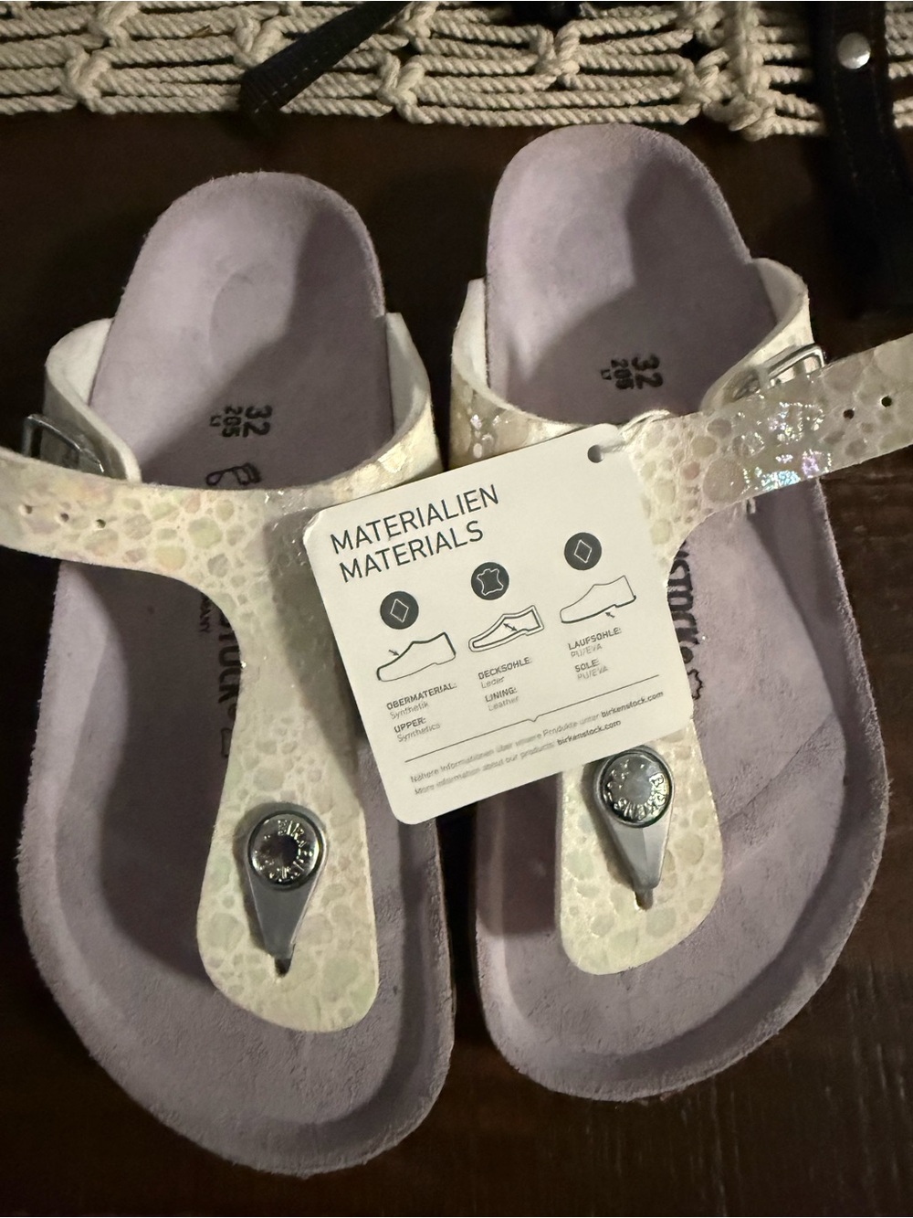 Birkenstock Kids Iridescent White Thong Sandals with Lilac Footbed
